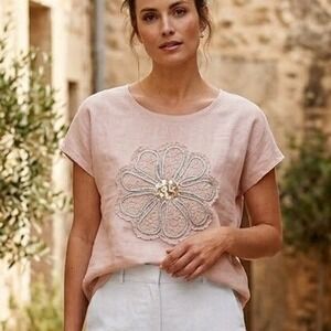 Goa Linen Blend Top Womens Medium Pink Floral Sequin Lace Short Sleeve Cottage